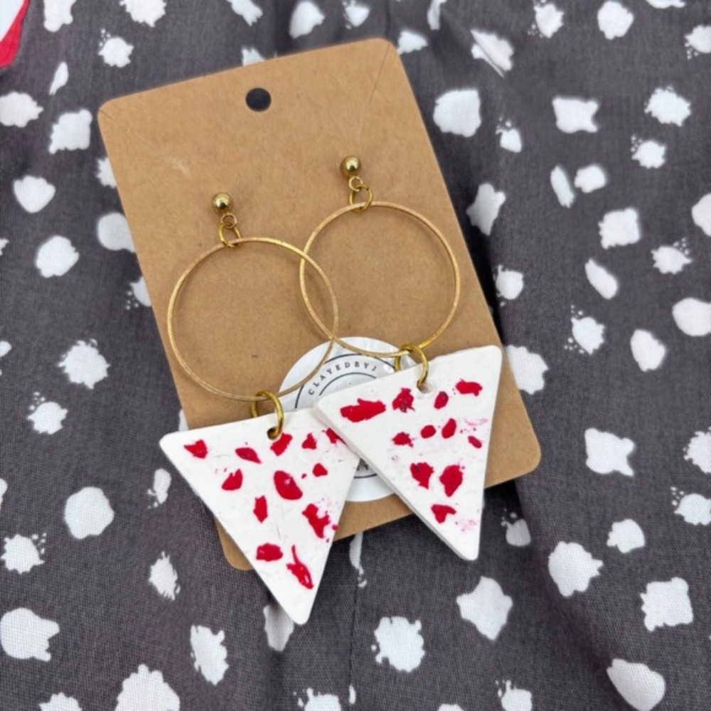 Handmade Triangle Earrings White Red Hoop Dangle Statement polka dot retro indie